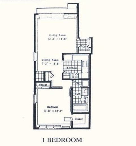 Floor plan for 1 bed, 1 bath, 625 sqft